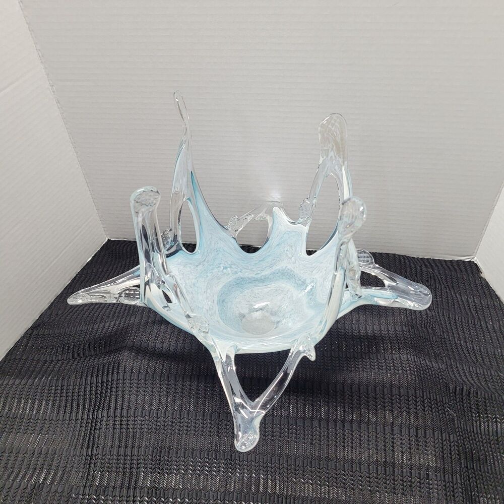 Murano Art Glass Centerpiece Bowl Blue White Swirl Sculpture 13x12x10 Lg